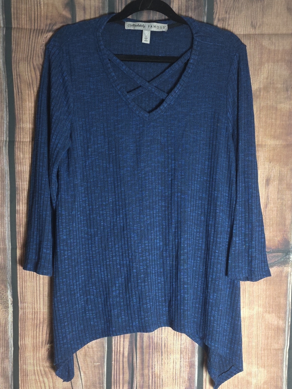 Absolutely Famous Large Blue Ribbed V-Neck Tunic with Crisscross Detail